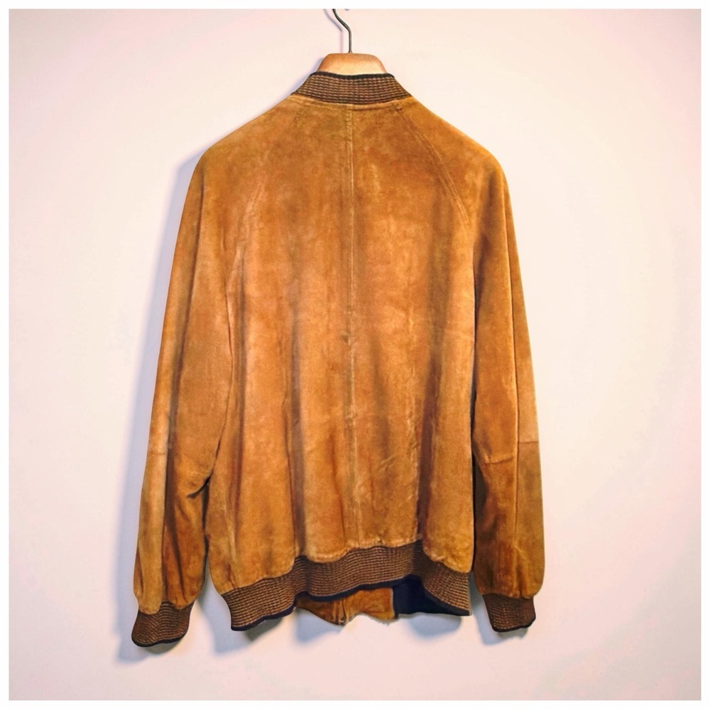 Bijan Men’s Goatskin Suede Bomber Jacket Caramel Cognac Rib Knit Luxury | Large - Picture 3 of 13